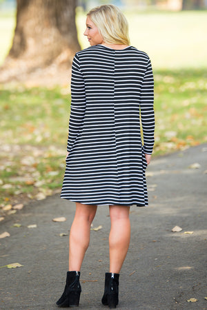 Piko Long Sleeve Tiny Stripe Swing Dress - Black/White - Piko Clothing