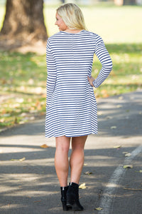 Piko Long Sleeve Tiny Stripe Swing Dress - White/Navy - Piko Clothing