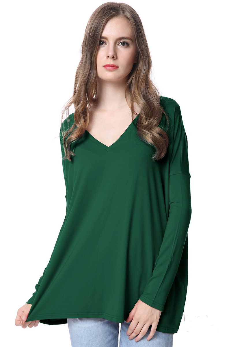 SALE-Long Sleeve V-Neck Piko Top - Forest Green