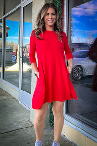 Piko 3/4 Sleeve Swing Dress - Red