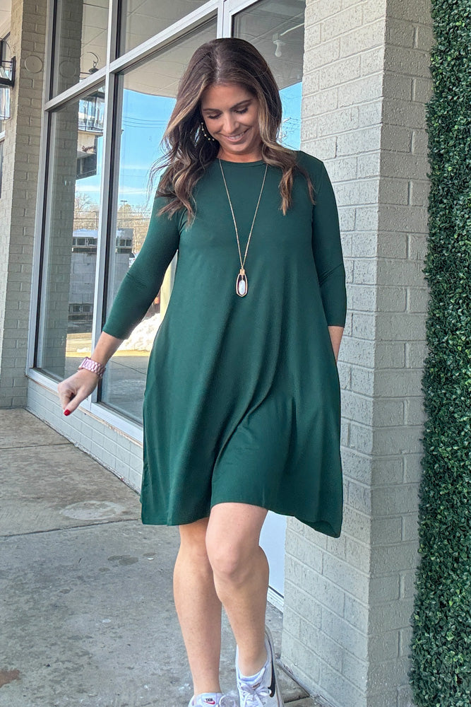 SALE-The Perfect Piko 3/4 Sleeve Swing Dress-Forest Green Small / Forest Green SALE-The Perfect Piko 3/4 Sleeve Swing Dress-Forest Green Small / Forest Green