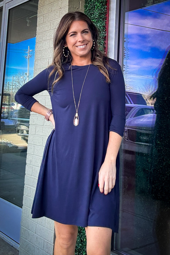 Piko 3/4 Sleeve Swing Dress - Navy Medium / Navy Piko 3/4 Sleeve Swing Dress - Navy Medium / Navy