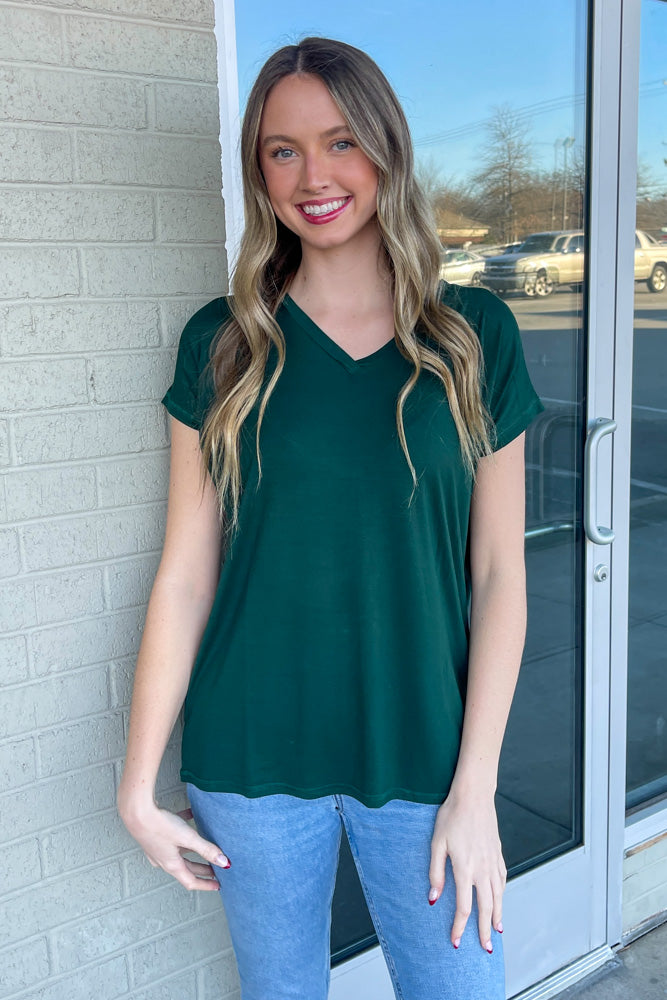 Short Sleeve Rolled Sleeve V-Neck Piko Top - Jade Forest
