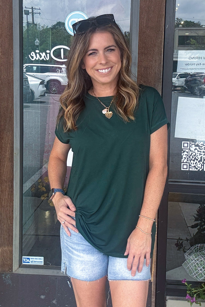 Short Sleeve Rolled Sleeve Piko Top - Jade Forest