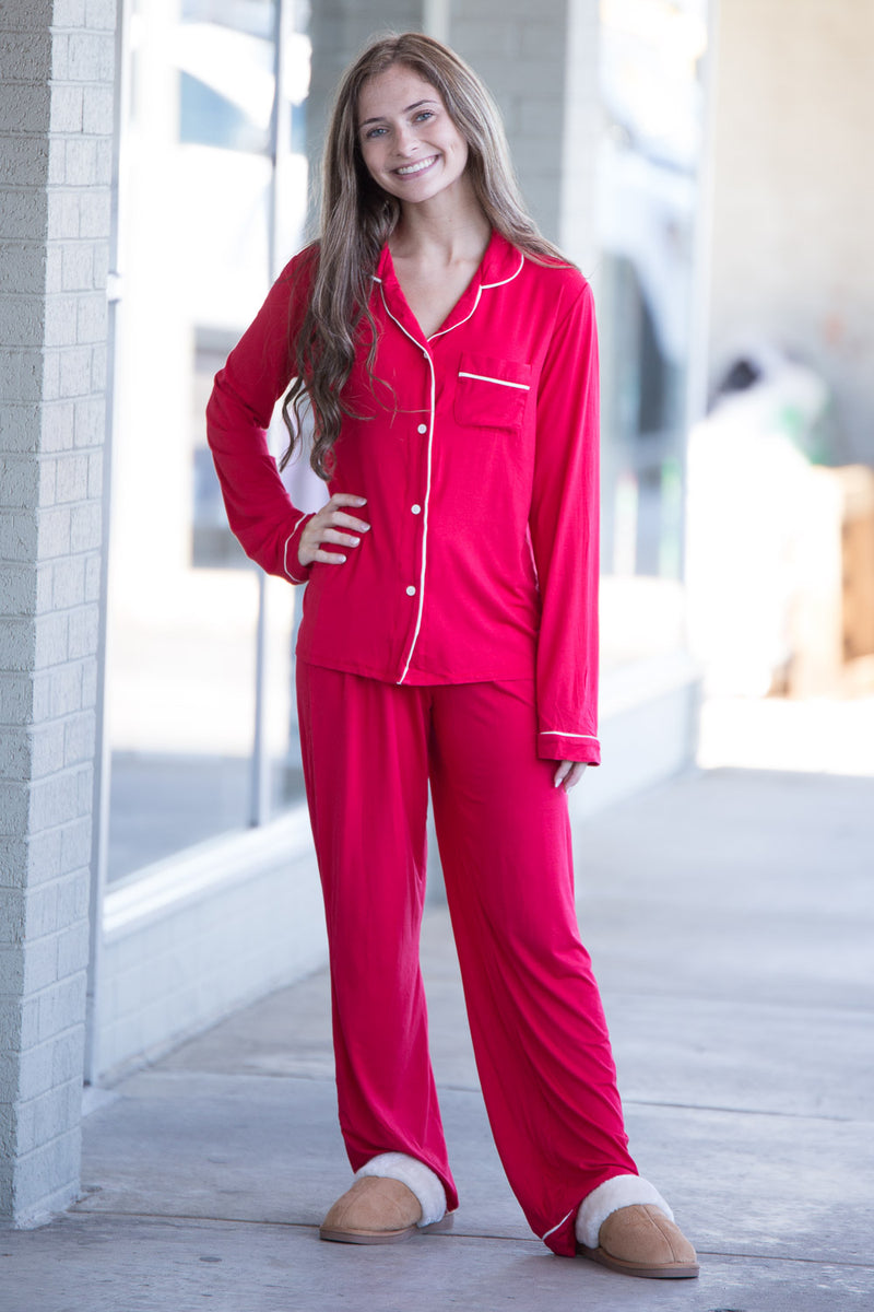 Piko Long Sleeve Pajama Set-Red