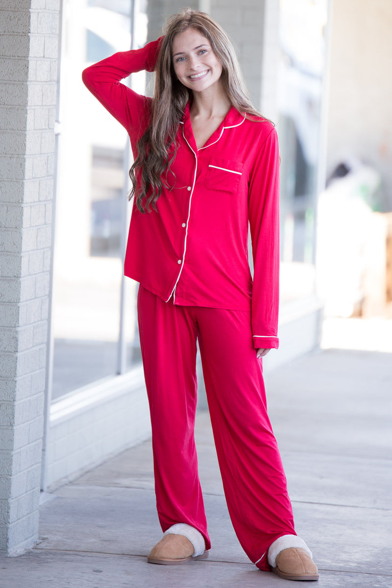 Piko Long Sleeve Pajama Set-Red