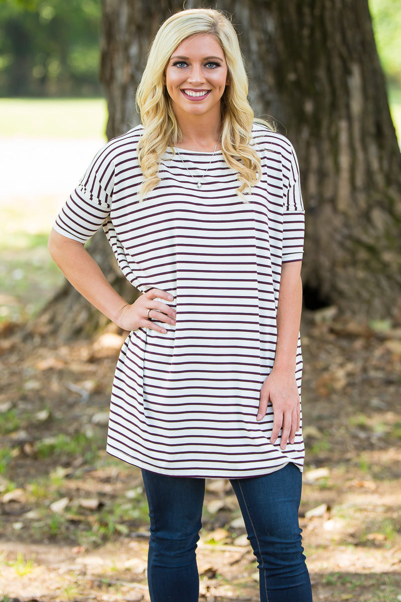 Half Sleeve Piko Tunic - White/Burgundy - Piko Clothing