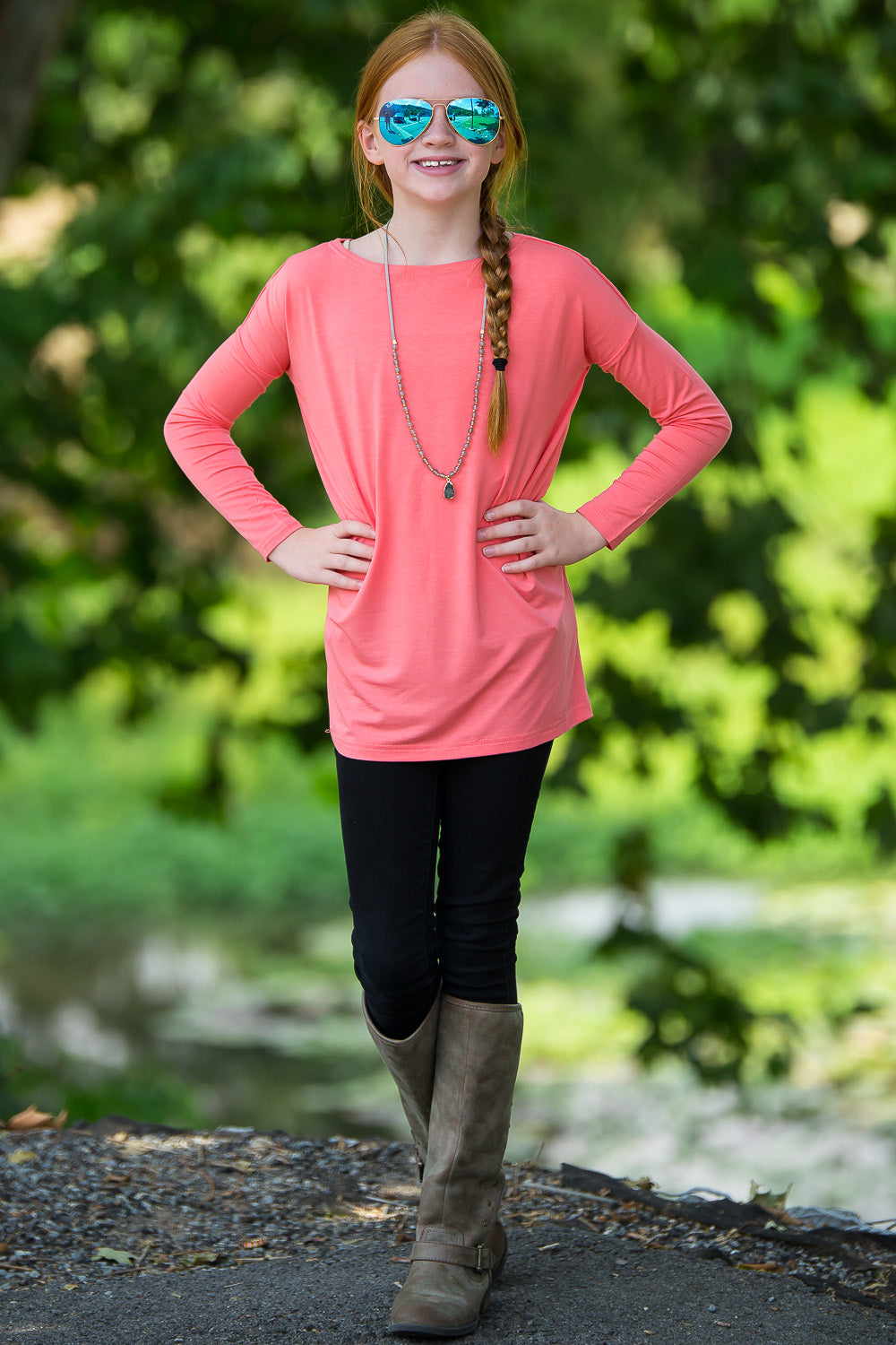 SALE-Long Sleeve Kids Piko Top - Peach Echo