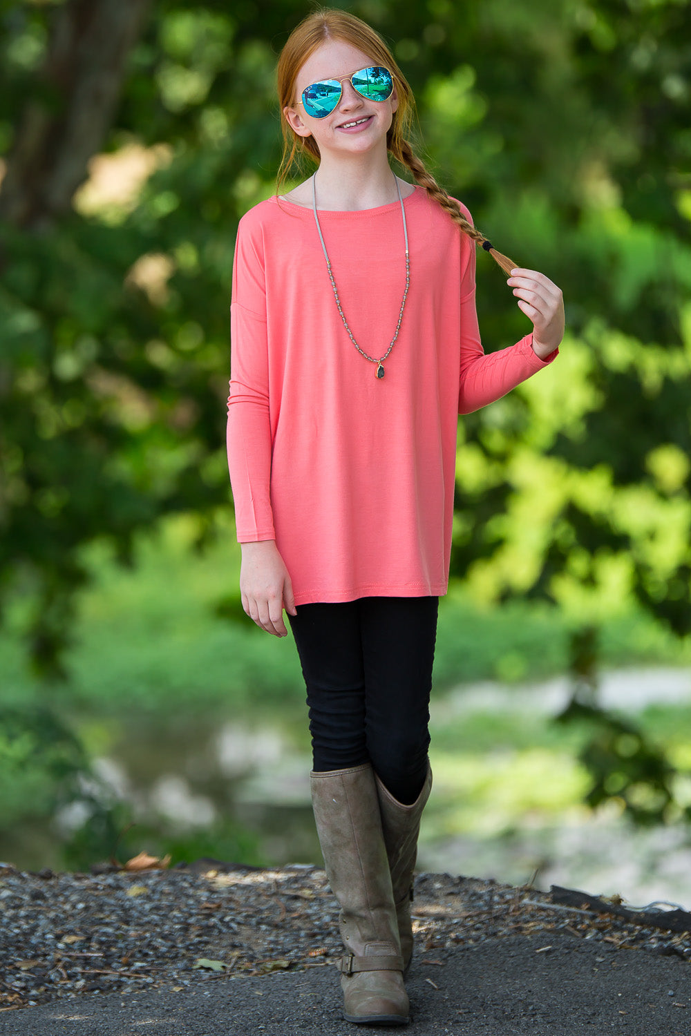 SALE-Long Sleeve Kids Piko Top - Peach Echo