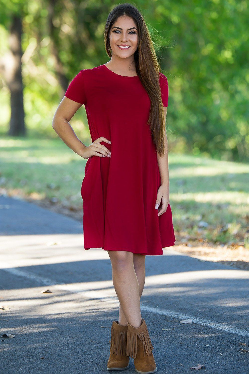 Piko Short Sleeve Swing Dress - Burgundy - Piko Clothing