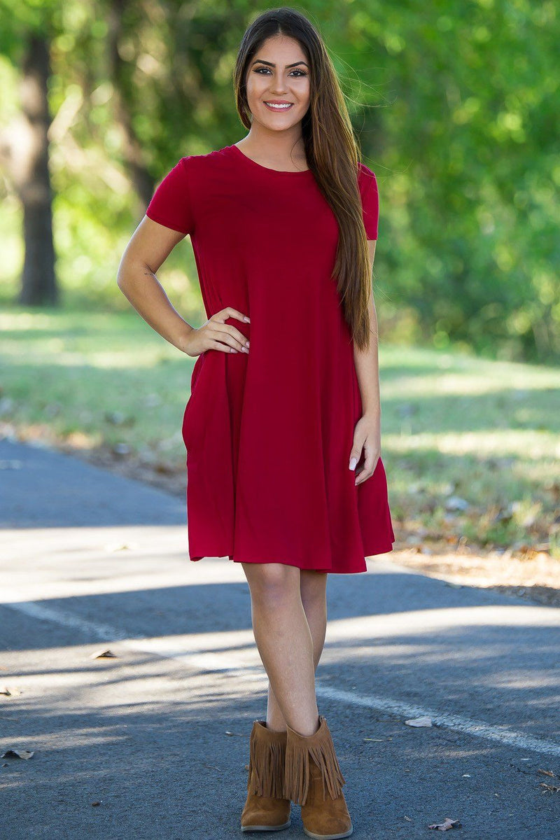 Piko Short Sleeve Swing Dress Wine Piko Clothing