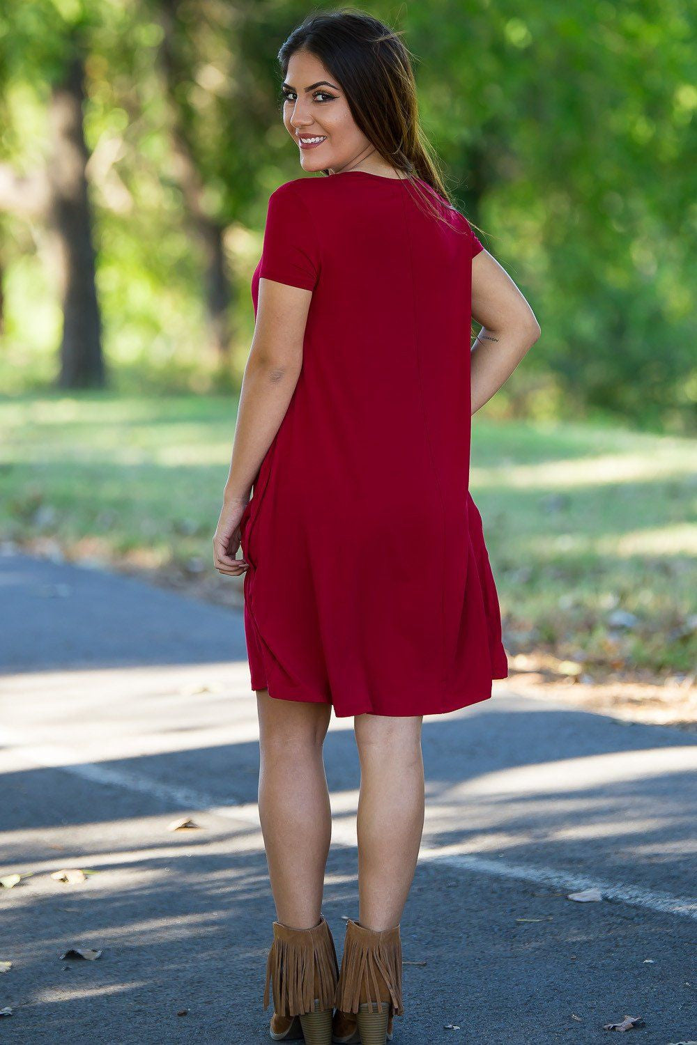 Piko Short Sleeve Swing Dress - Burgundy - Piko Clothing