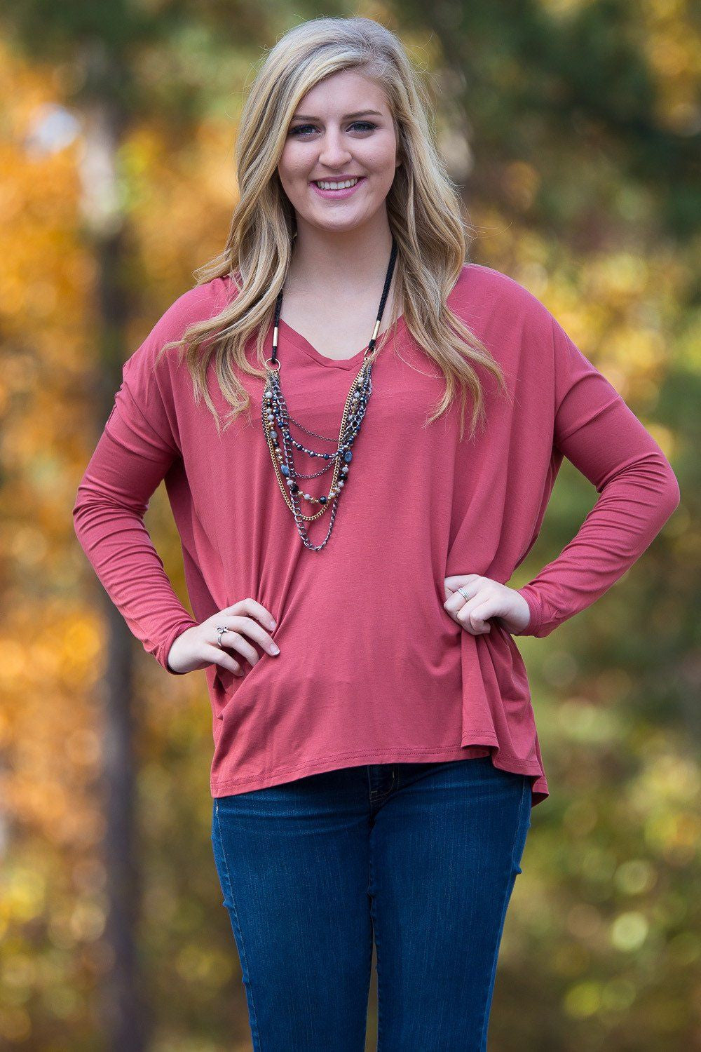 Long Sleeve V-Neck Piko Top - Rust - Piko Clothing