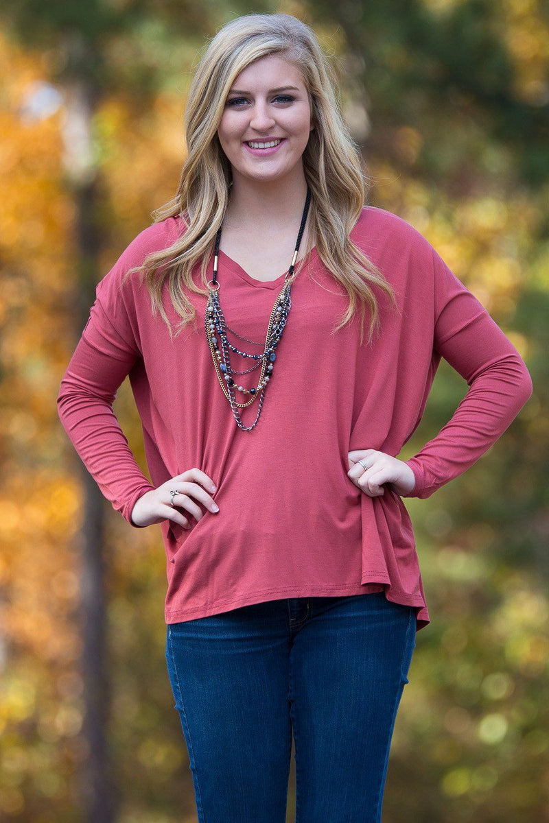 Long Sleeve V-Neck Piko Top - Rust - Piko Clothing