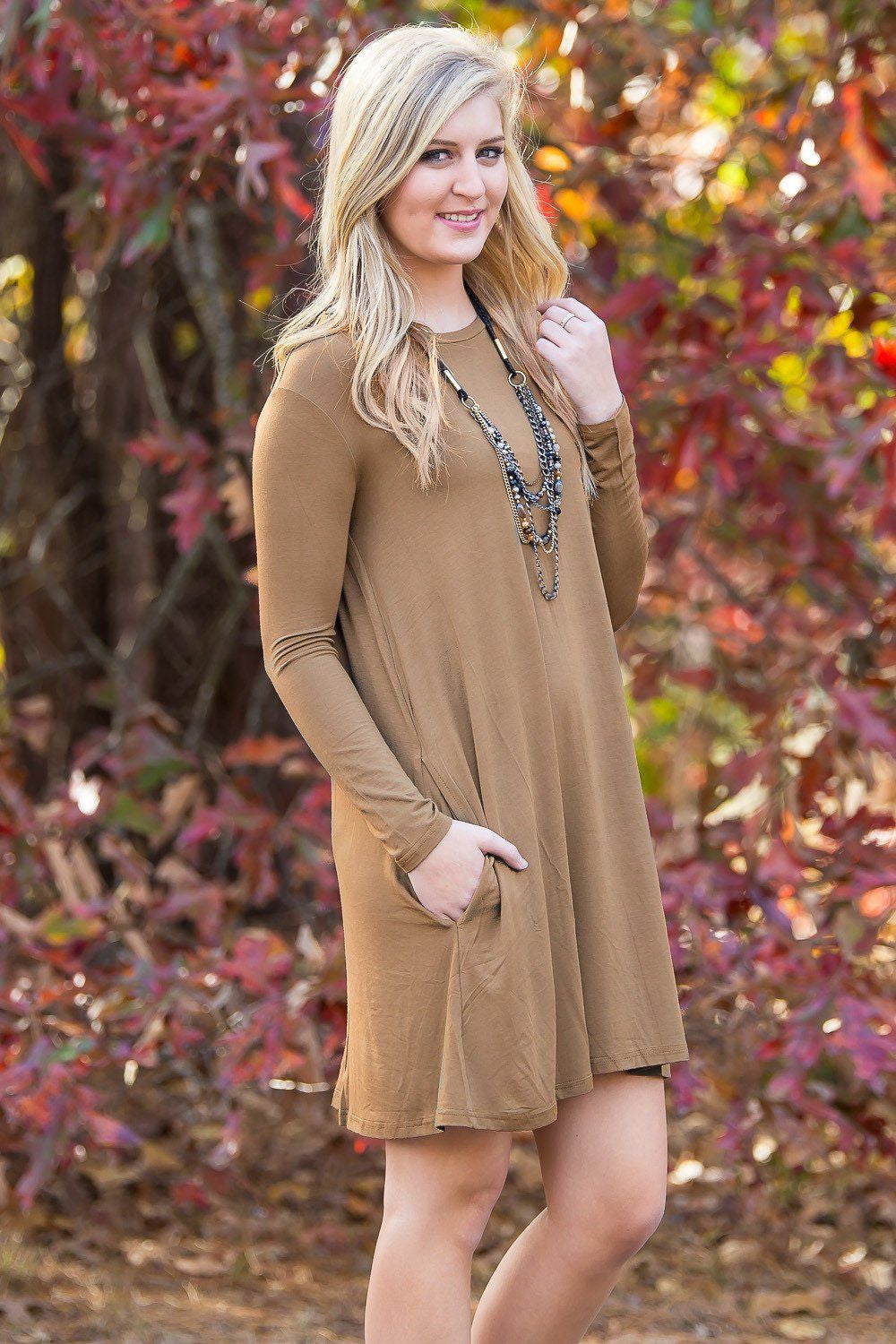 Piko Long Sleeve Swing Dress - Mocha - Piko Clothing