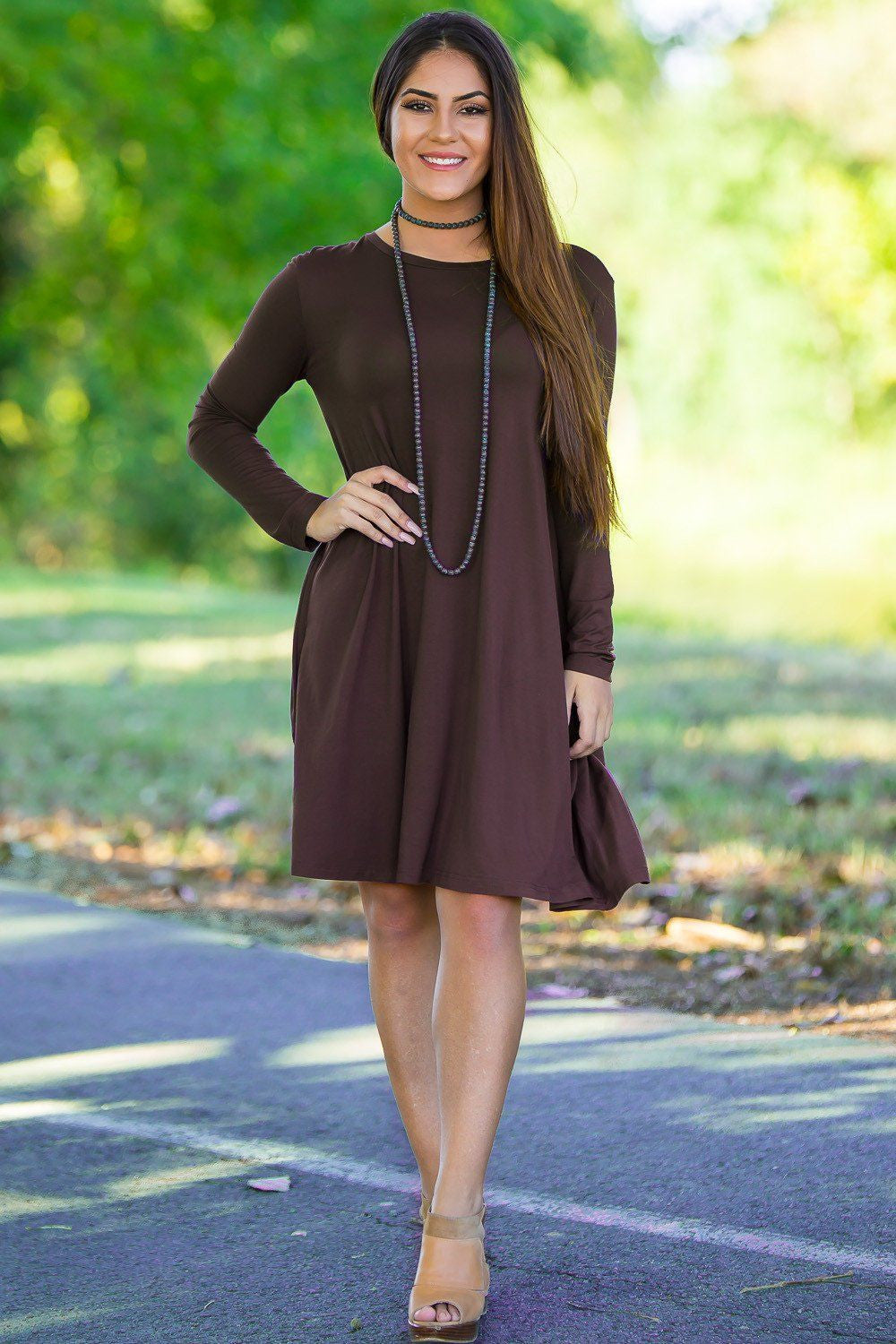 SALE-The Perfect Piko 3/4 Sleeve Swing Dress-Dark Brown Medium / Dark Brown SALE-The Perfect Piko 3/4 Sleeve Swing Dress-Dark Brown Medium / Dark Brown