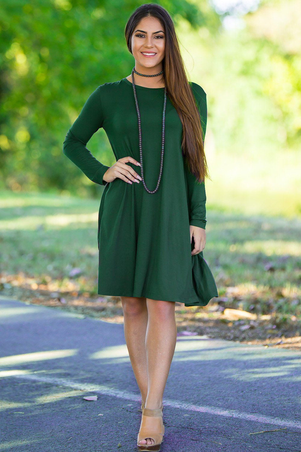 SALE-The Perfect Piko 3/4 Sleeve Swing Dress-Forest Green Small / Forest Green SALE-The Perfect Piko 3/4 Sleeve Swing Dress-Forest Green Small / Forest Green