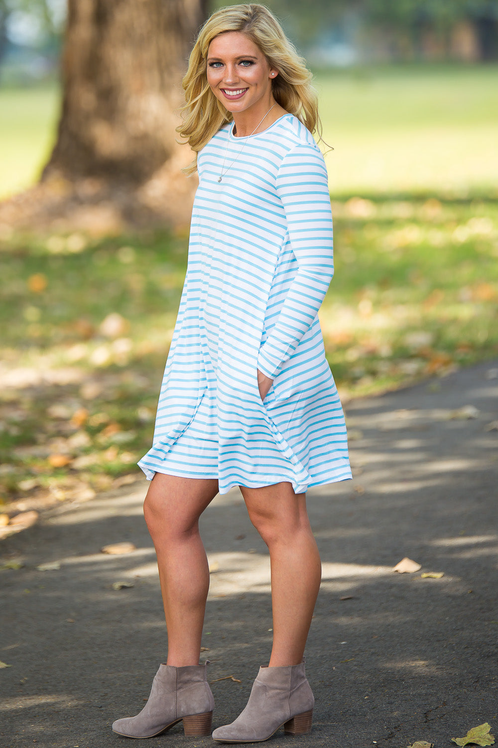Piko Long Sleeve Tiny Stripe Swing Dress - White/Baby Blue - Piko Clothing