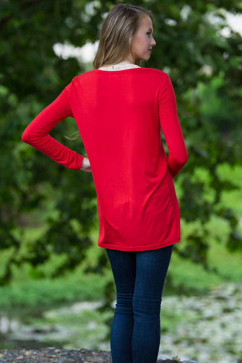 Long Sleeve Slim Fit Piko Top - Red