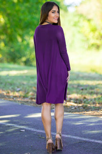 Piko Long Sleeve Swing Dress - Dark Purple - Piko Clothing