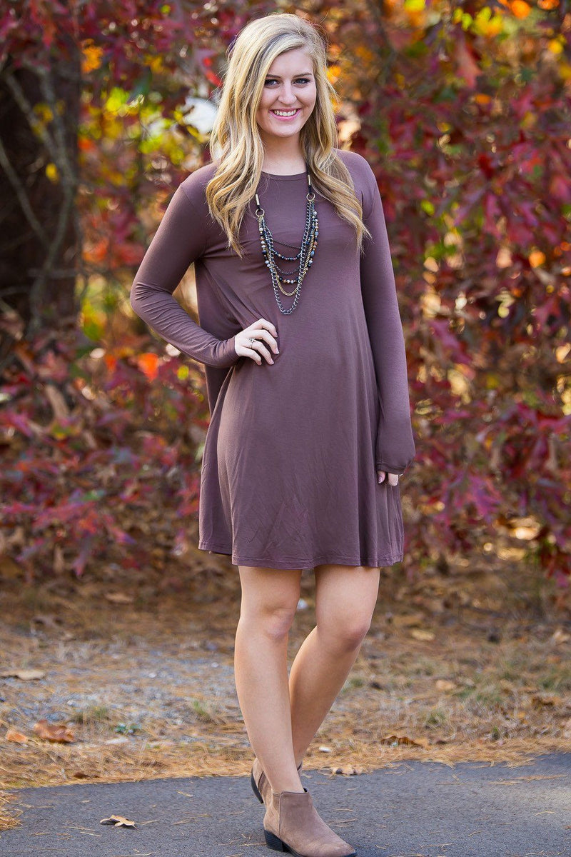 Piko Long Sleeve Swing Dress - Brown - Piko Clothing