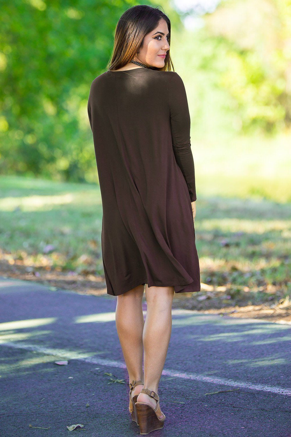 SALE-The Perfect Piko 3/4 Sleeve Swing Dress-Dark Brown Medium / Dark Brown SALE-The Perfect Piko 3/4 Sleeve Swing Dress-Dark Brown Medium / Dark Brown