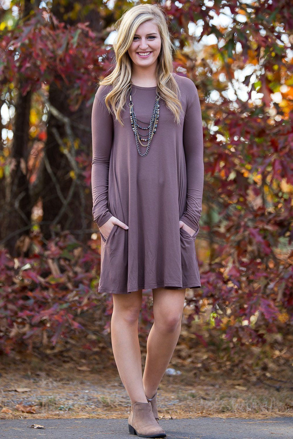 Piko Long Sleeve Swing Dress - Brown - Piko Clothing