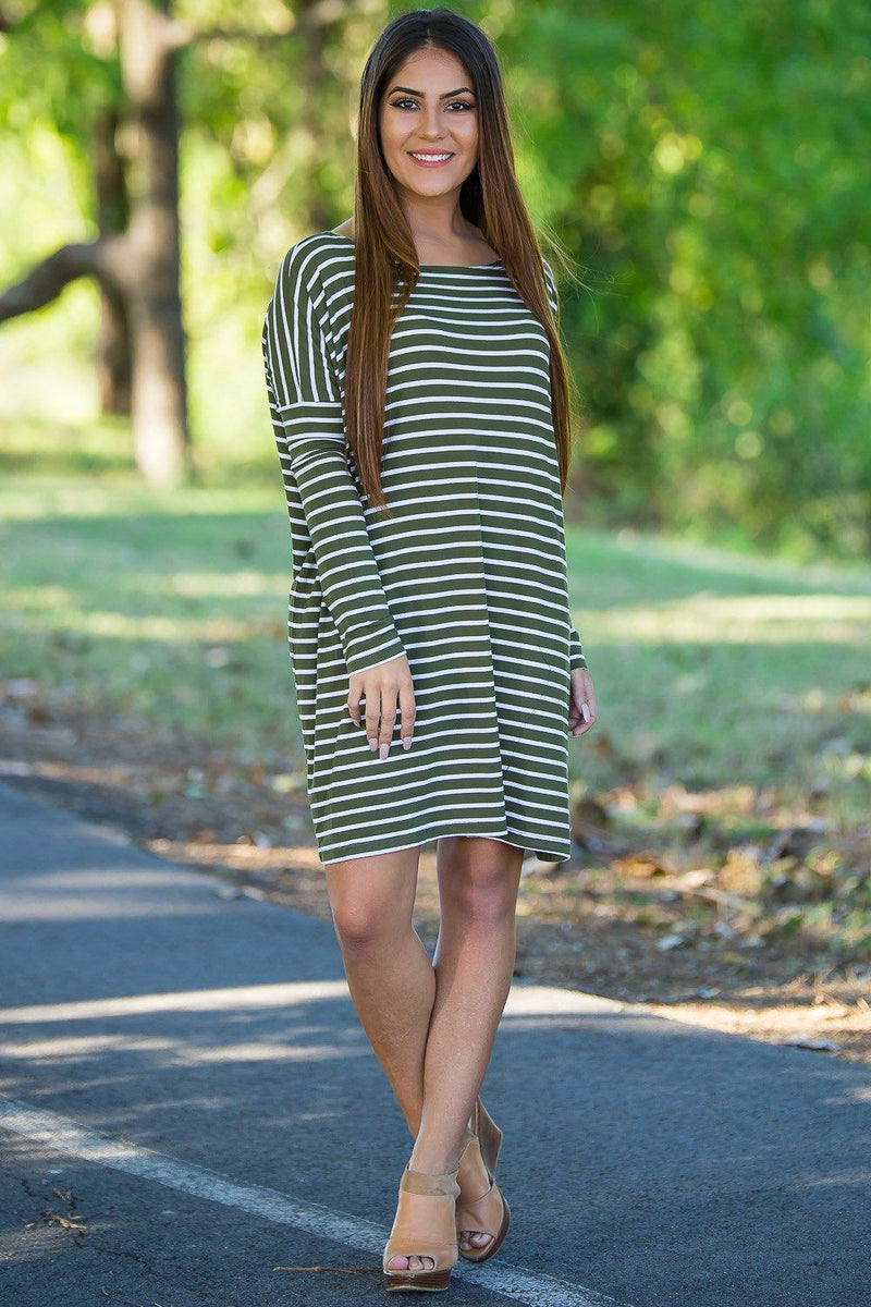 Long Sleeve Tiny Stripe Piko Tunic - Olive/White - Piko Clothing