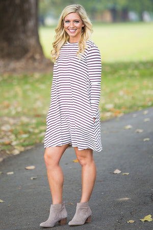 Piko Long Sleeve Tiny Stripe Swing Dress - White/Burgundy - Piko Clothing