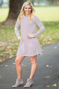 Piko Long Sleeve Tiny Stripe Swing Dress - White/Burgundy - Piko Clothing