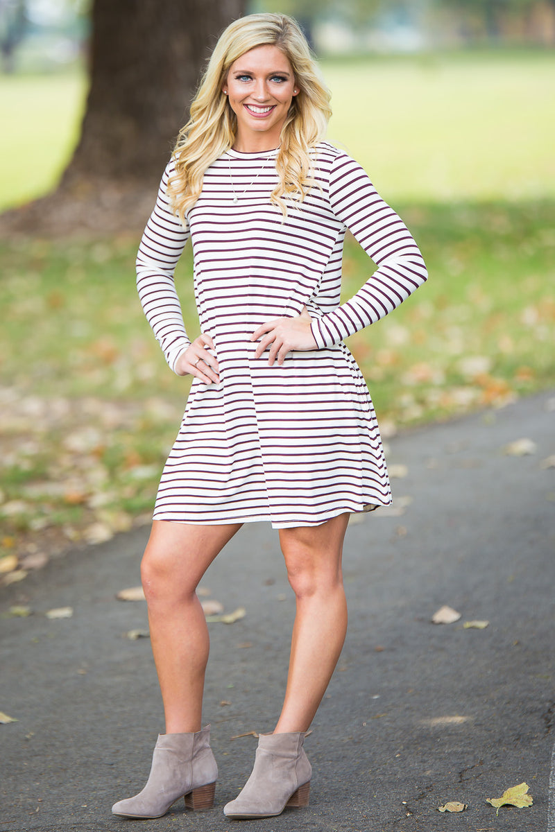 Piko Long Sleeve Tiny Stripe Swing Dress - White/Burgundy - Piko Clothing