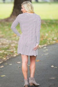 Piko Long Sleeve Tiny Stripe Swing Dress - White/Burgundy - Piko Clothing