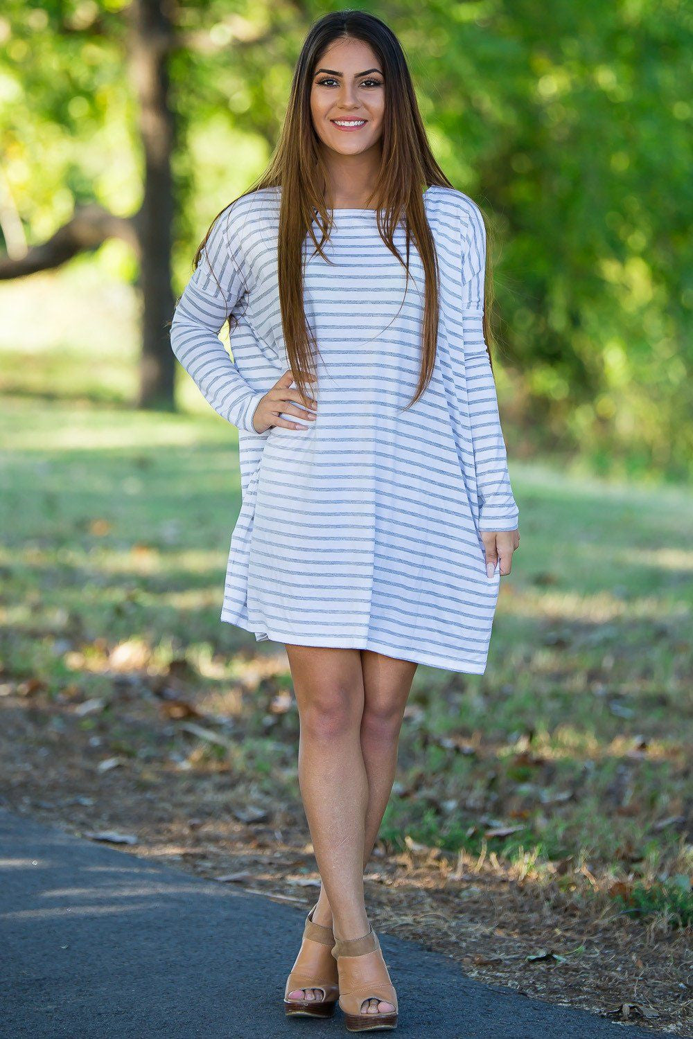 Long Sleeve Tiny Stripe Piko Tunic - White/Heather - Piko Clothing