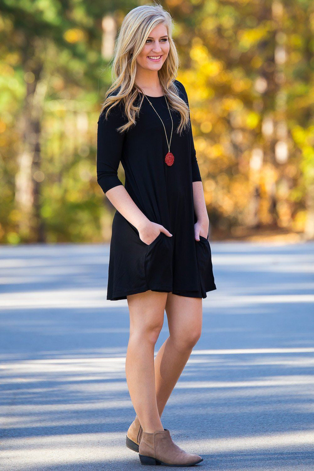 Piko 3/4 Sleeve Swing Dress - Black - Piko Clothing