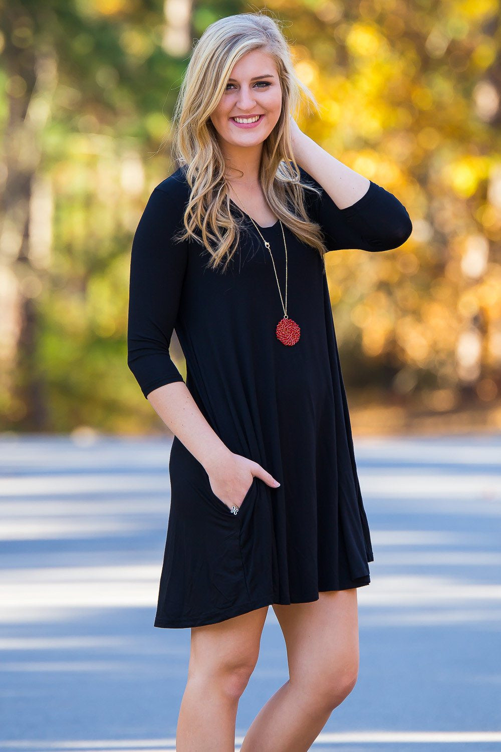 Piko 3/4 V-Neck Sleeve Swing Dress - Black - Piko Clothing