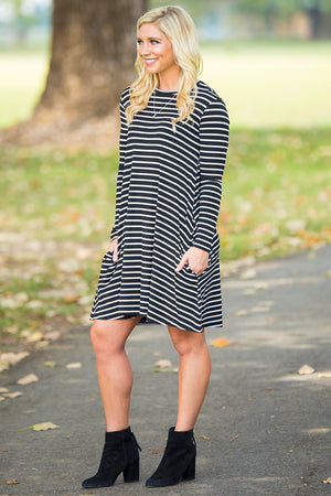 Piko Long Sleeve Tiny Stripe Swing Dress - Black/White - Piko Clothing