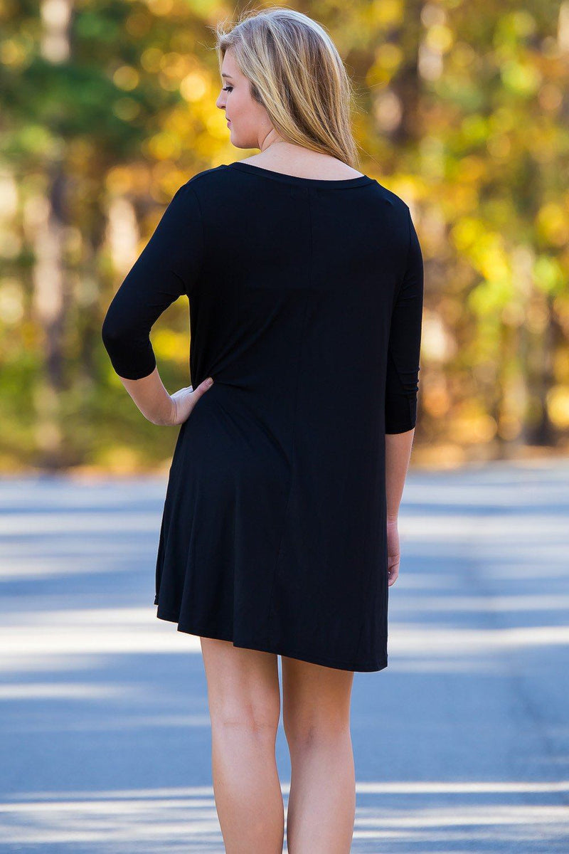 Piko 3/4 V-Neck Sleeve Swing Dress - Black - Piko Clothing