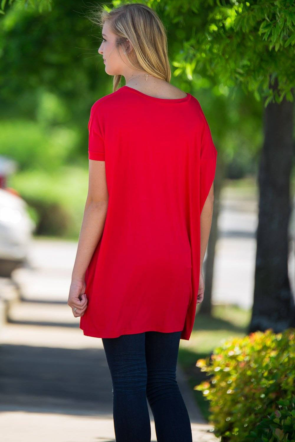 Short Sleeve V-Neck Piko Tunic - Red - Piko Clothing