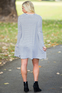 Piko Long Sleeve Tiny Stripe Swing Dress - White/Black - Piko Clothing