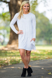 Piko Long Sleeve Tiny Stripe Swing Dress - White/Heather - Piko Clothing