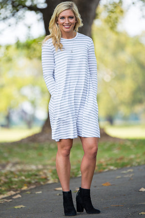 Piko Long Sleeve Tiny Stripe Swing Dress - White/Heather - Piko Clothing