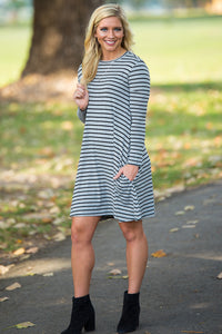 Piko Long Sleeve Tiny Stripe Swing Dress - Heather/Black - Piko Clothing