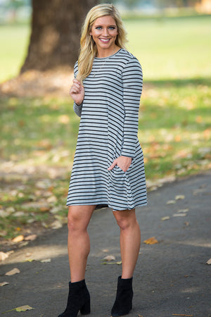 Piko Long Sleeve Tiny Stripe Swing Dress - Heather/Black - Piko Clothing