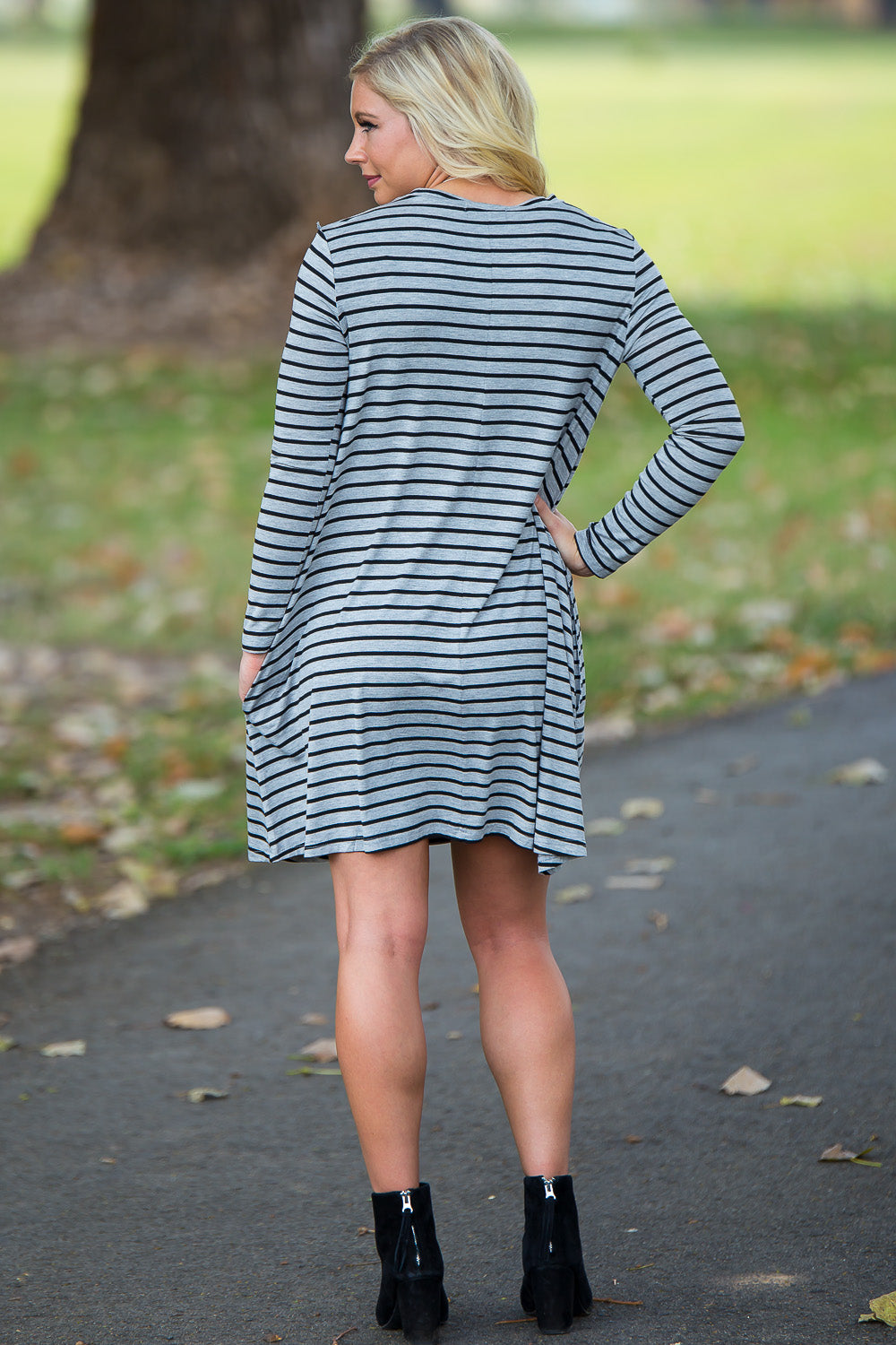 Piko Long Sleeve Tiny Stripe Swing Dress - Heather/Black - Piko Clothing