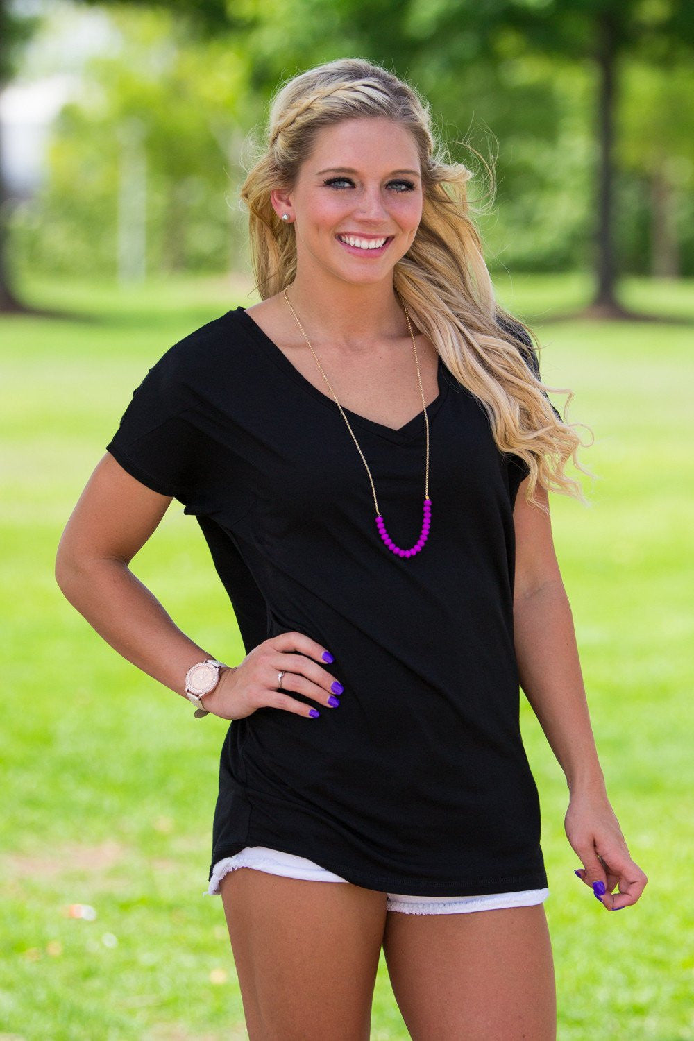 Short Sleeve Rolled Sleeve V-Neck Piko Top - Black - Piko Clothing