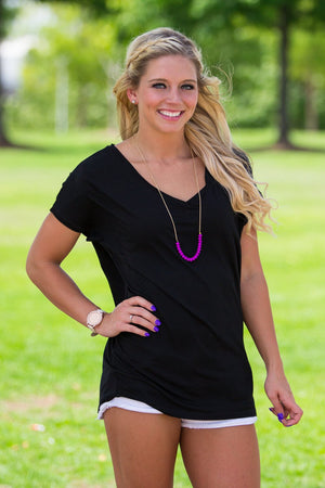 Short Sleeve Rolled Sleeve V-Neck Piko Top - Black - Piko Clothing