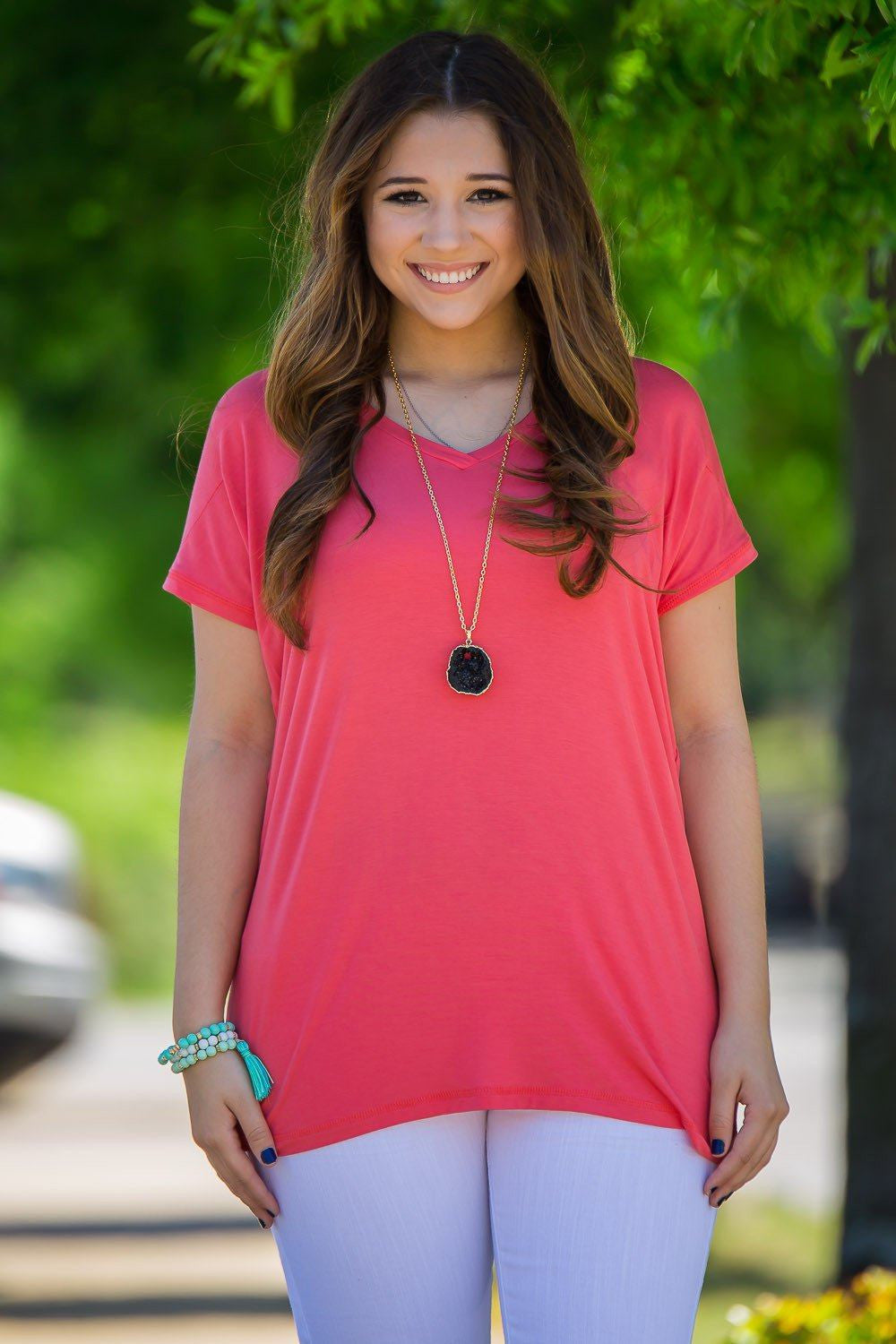 Short Sleeve Rolled Sleeve V-Neck Piko Top - Coral - Piko Clothing