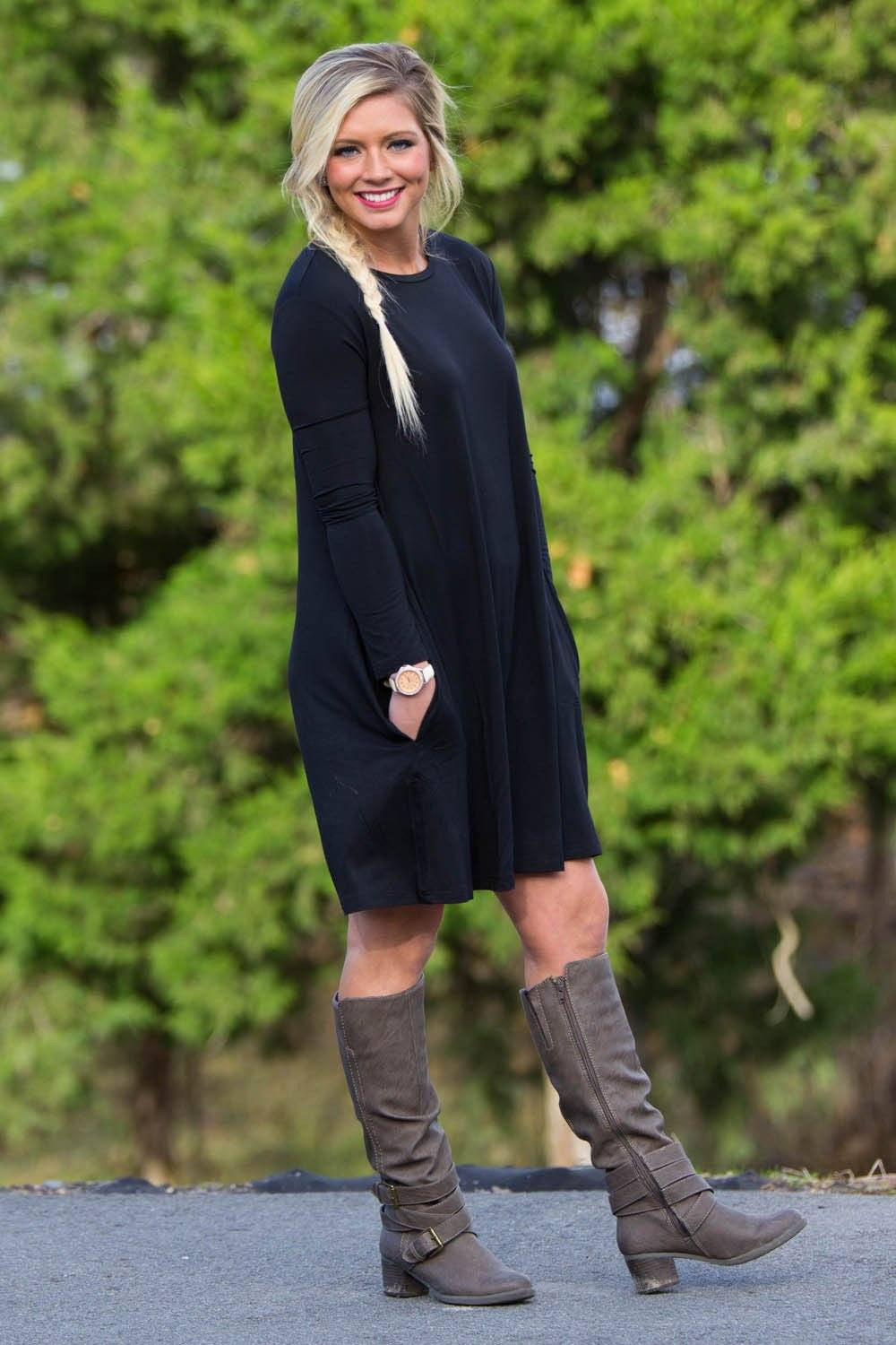 3/4 Sleeve Piko Swing Dress For Women-Black X-Large / Black 3/4 Sleeve Piko Swing Dress For Women-Black X-Large / Black