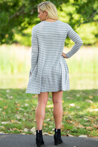 Piko Long Sleeve Tiny Stripe Swing Dress - Heather/White - Piko Clothing