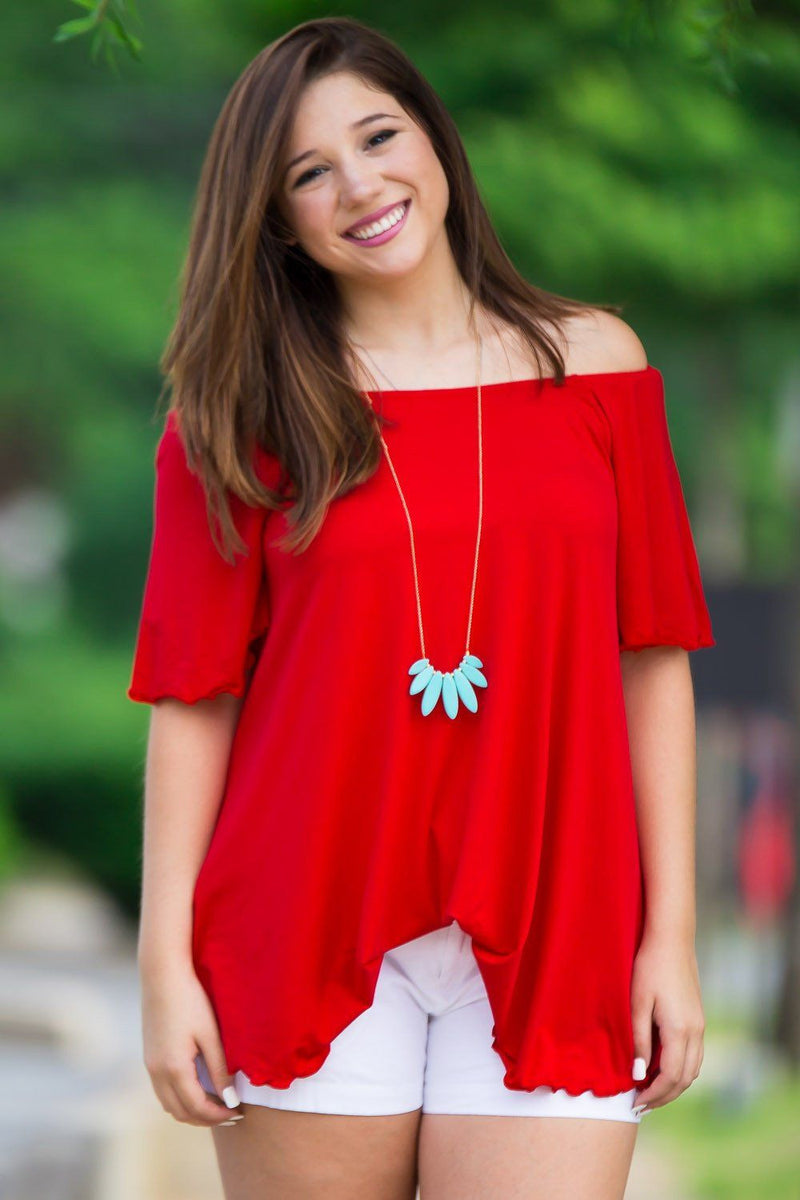 Off The Shoulder Short Sleeve Piko Top - Red - Piko Clothing